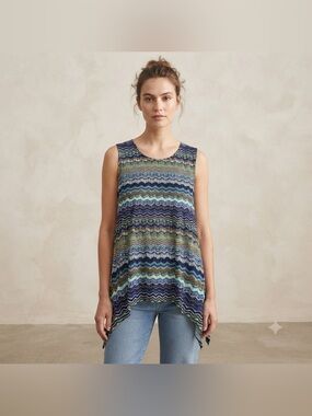 Clientele Blue Green Geometric Wave Tank Top Sleeveless Handkerchief Hem Size L